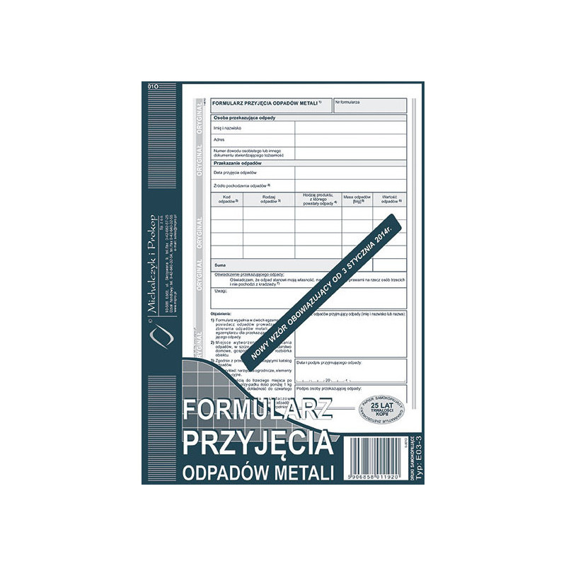 FORMULARZ PRZYJĘCIA ODPADÓW METALI A5 (O+1K)