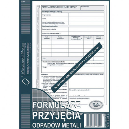 FORMULARZ PRZYJĘCIA ODPADÓW METALI A5 (O+1K)