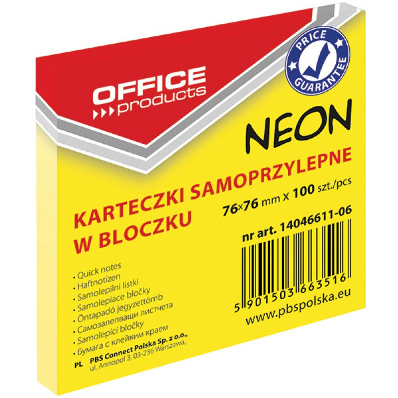 Karteczki Office Products 76x76mm żółte (100)