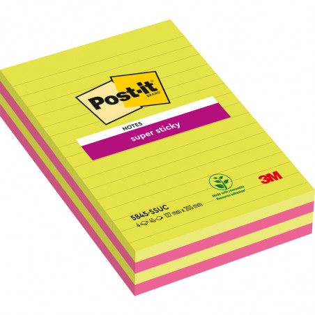 Karteczki Post-it Super Sticky 127x203mm (5845-SSUC) linie neon (4x45)