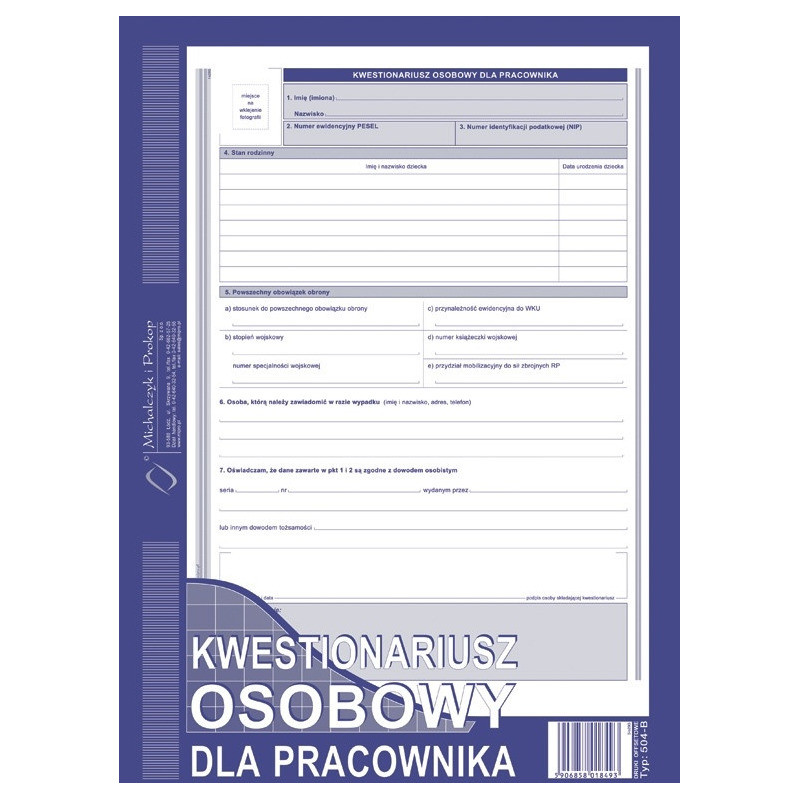KWESTIONARIUSZ OSOBOWY DLA PRACOWNIKA A4 (OFFSET)