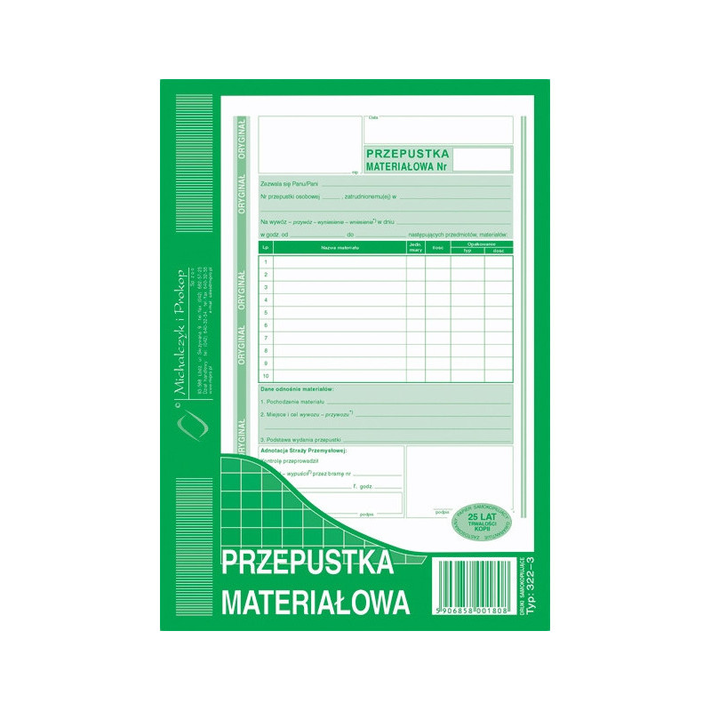 PRZEPUSTKA MATERIAŁOWA A5 (O+1K)