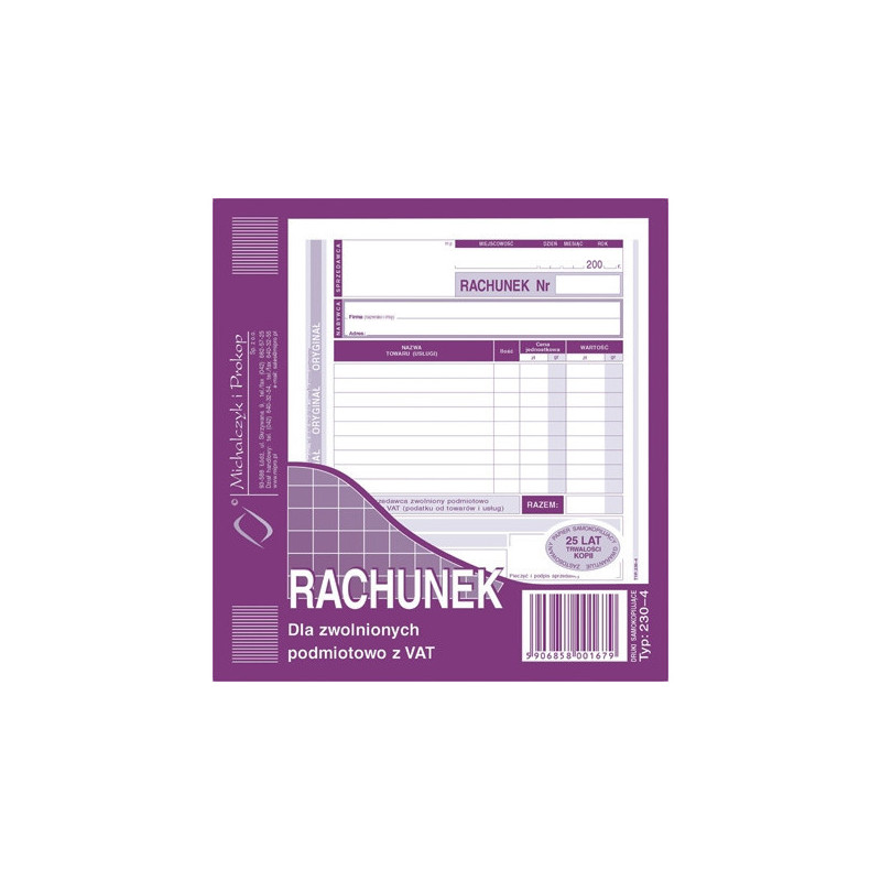 RACHUNEK DLA ZWOLNIONYCH Z VAT 2/3 A5 (O+1K)