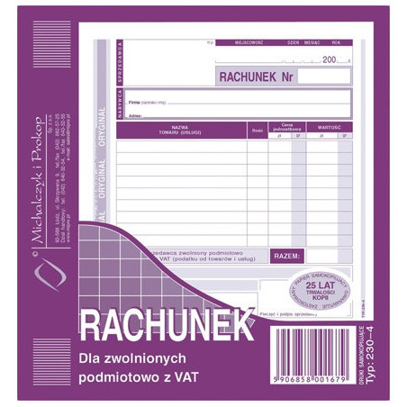 RACHUNEK DLA ZWOLNIONYCH Z VAT 2/3 A5 (O+1K)