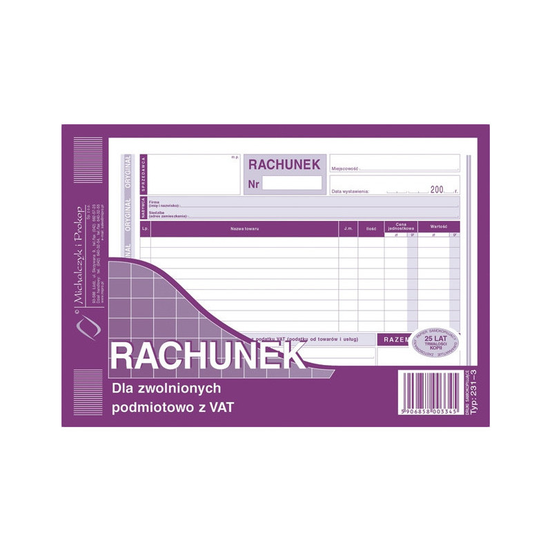 RACHUNEK DLA ZWOLNIONYCH Z VAT A5 (O+1K)