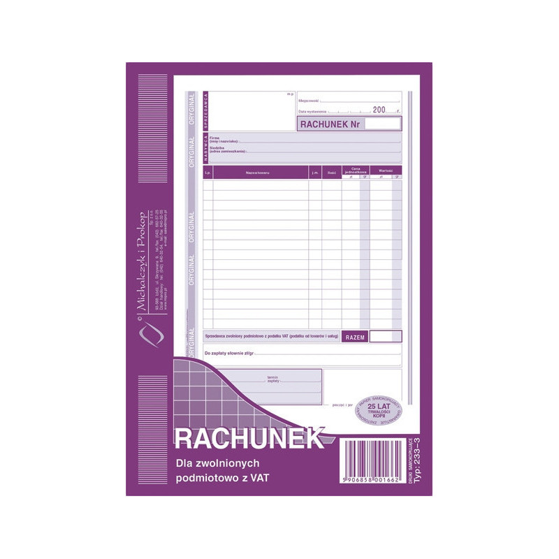RACHUNEK DLA ZWOLNIONYCH Z VAT A5 (O+1K)