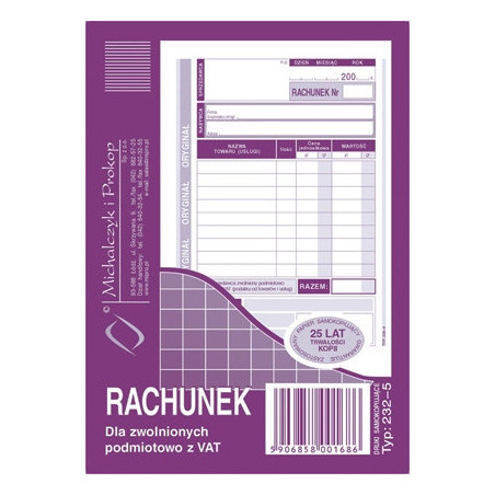 RACHUNEK DLA ZWOLNIONYCH Z VAT A6 (O+1K)