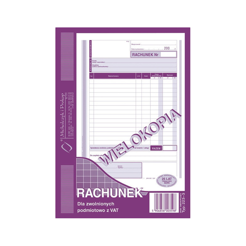 RACHUNEK DLA ZWOLNIONYCH Z VAT A5 (WIELOKOPIA)