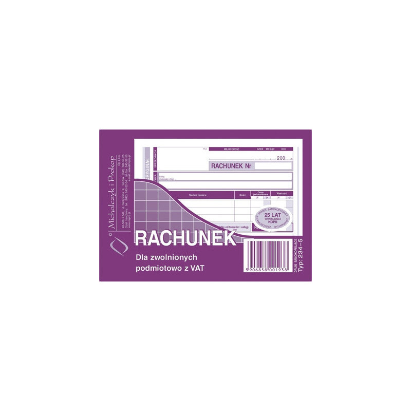 RACHUNEK DLA ZWOLNIONYCH Z VAT A6 (O+1K)