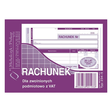 RACHUNEK DLA ZWOLNIONYCH Z VAT A6 (O+1K)