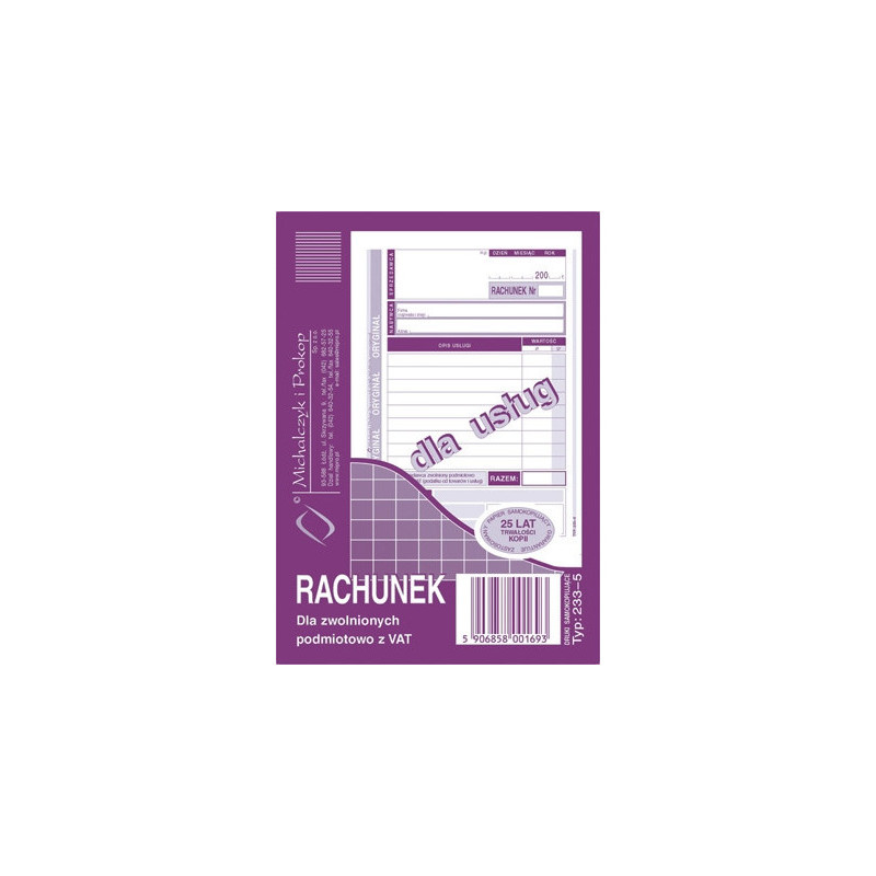 RACHUNEK DLA ZWOLNIONYCH Z VAT USŁUGI A6 (O+1K)