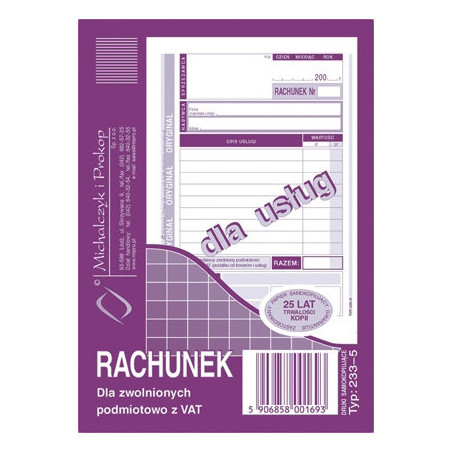 RACHUNEK DLA ZWOLNIONYCH Z VAT USŁUGI A6 (O+1K)