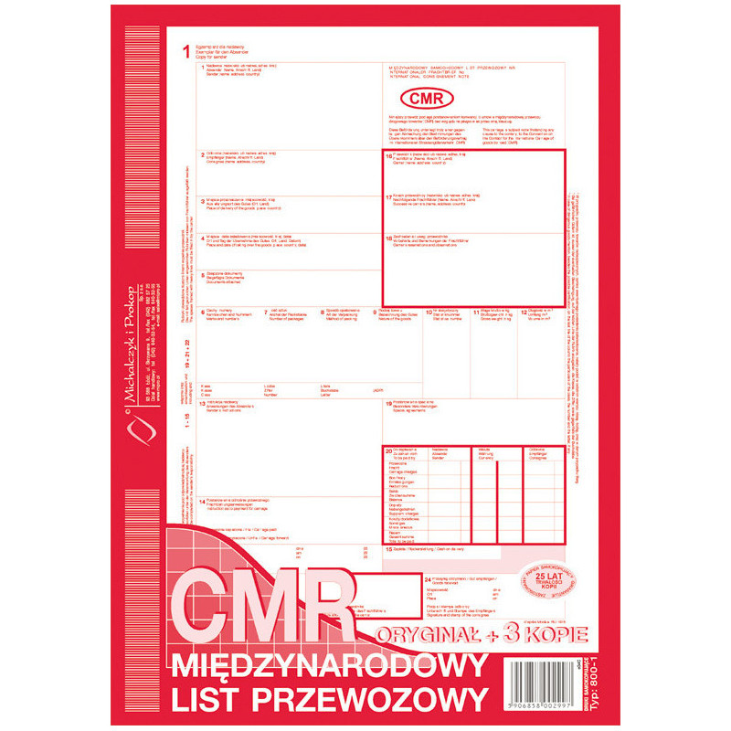 CMR MIĘDZYNARODOWY LIST PRZEWOZOWY A4 (O+3K)