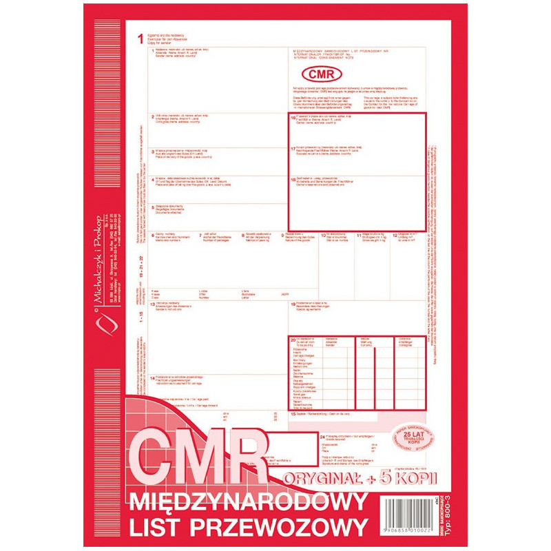 CMR MIĘDZYNARODOWY LIST PRZEWOZOWY A4 (O+5K)