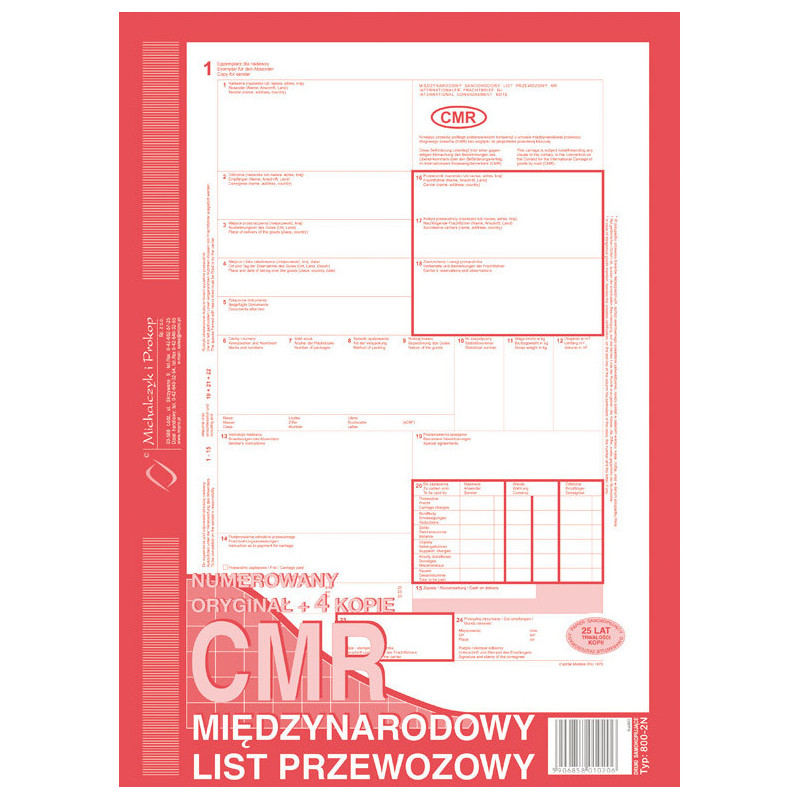 CMR MIĘDZYNARODOWY LIST PRZEWOZOWY A4 (O+4K) NUMEROWANY