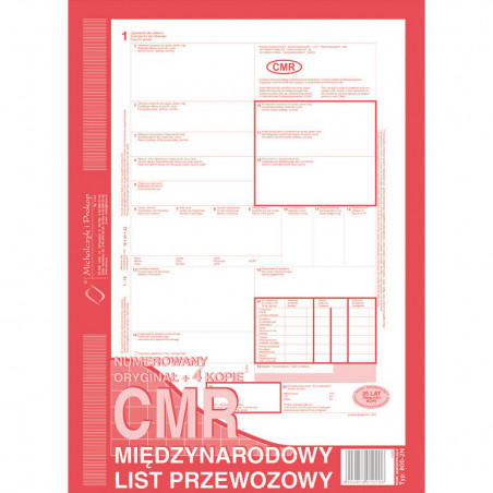 CMR MIĘDZYNARODOWY LIST PRZEWOZOWY A4 (O+4K) NUMEROWANY