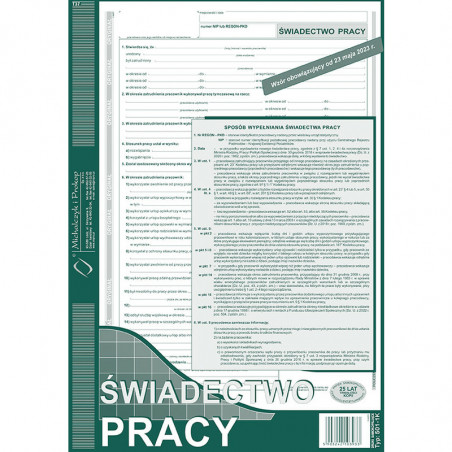 ŚWIADECTWO PRACY A4 (O+1K)