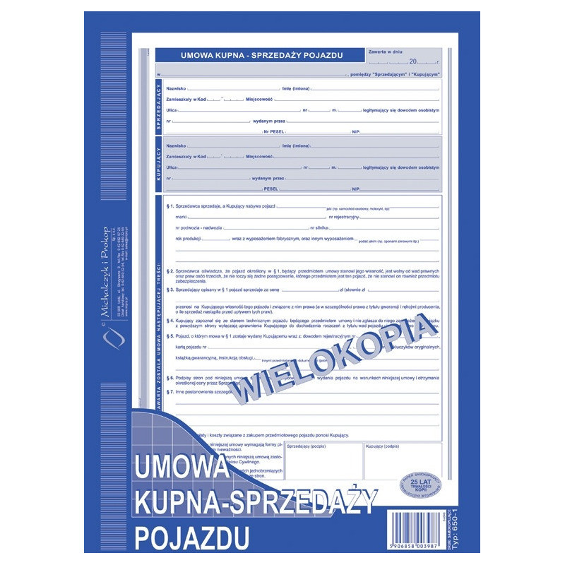 UMOWA KUPNA - SPRZEDAŻY POJAZDU A4 (WIELOKOPIA)