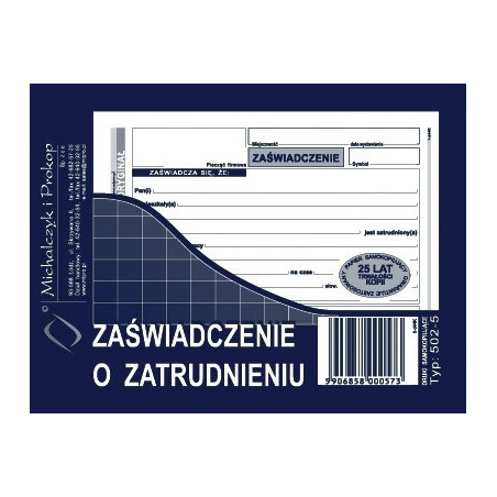 ZAŚWIADCZENIE O ZATRUDNIENIU A6 (O+1K)
