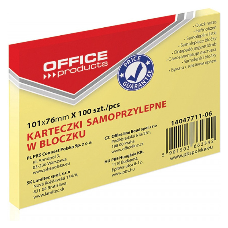 Karteczki Office Products 76x101mm żółte (100)