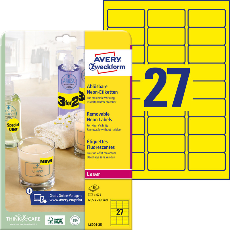 ETYKIETY A4 AVERY 63,5*29,6mm ŻÓŁTE (25)