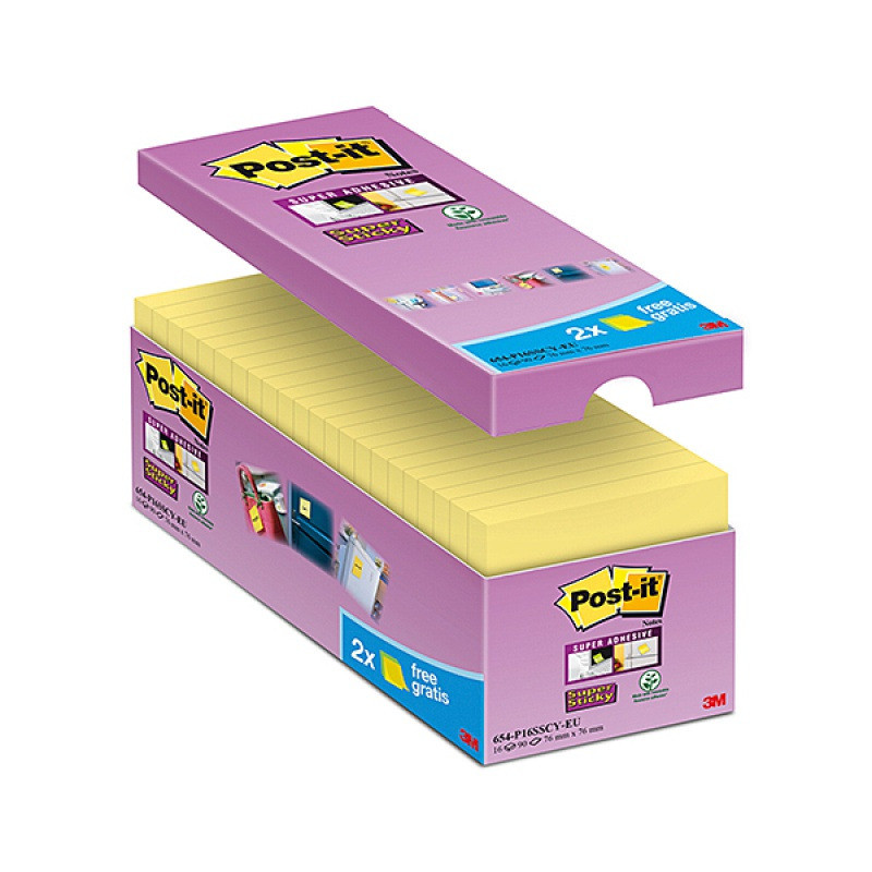 Karteczki Post-it Super Sticky 76x76mm (654-P16SSCY-EU) żółte (16x90)