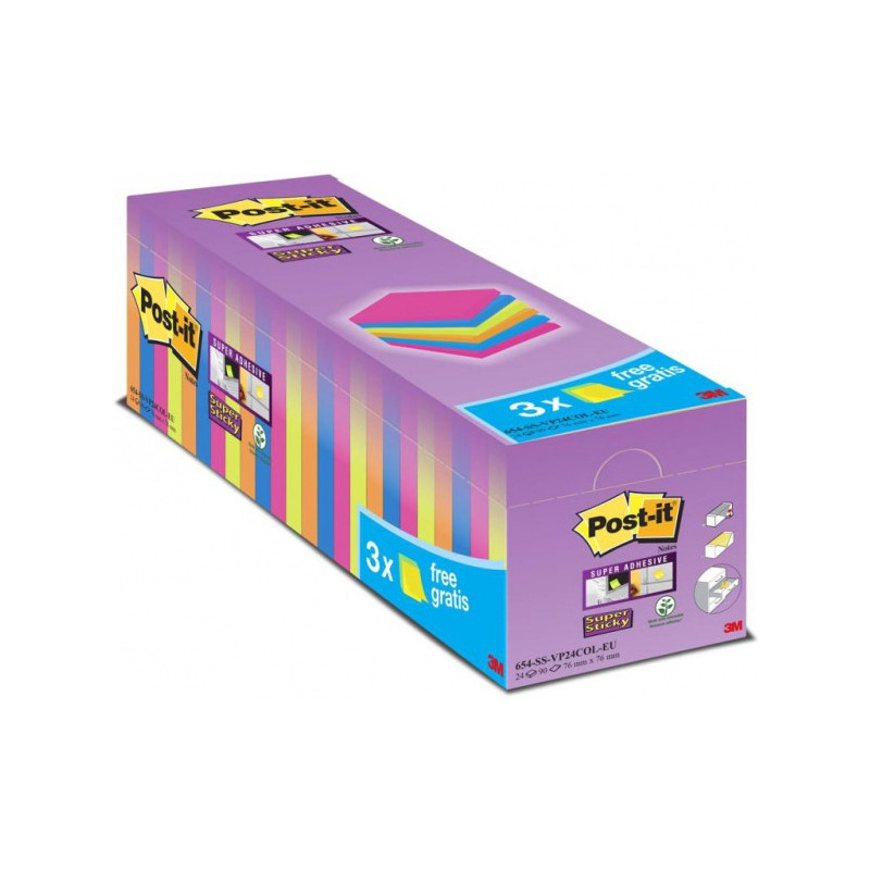 Karteczki Post-it Super Sticky 76x76mm (654-SS-VP24COL) mix kolorów (24x90)