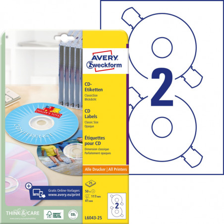 ETYKIETY A4 AVERY CD/DVD BIAŁE MATOWE (25)