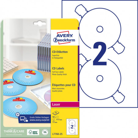 ETYKIETY A4 AVERY CD/DVD BIAŁE BŁYSZCZĄCE (25)