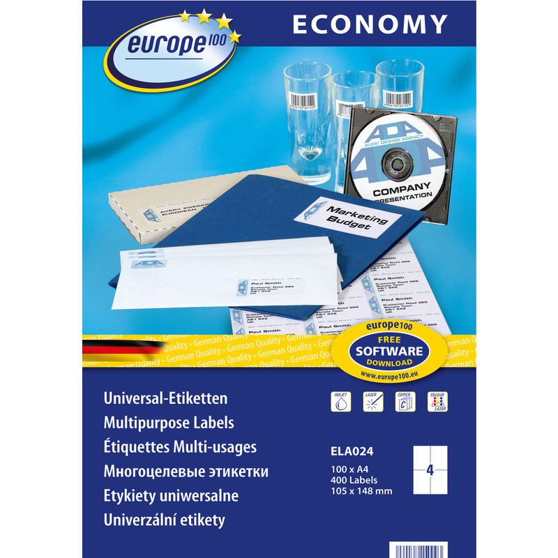 Etykiety Europe100 A4 105x148mm białe (100)