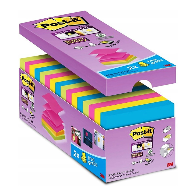 Karteczki Post-it Super Sticky Z-Notes 76x76mm (R330-SS-VP16) mix kolorów (16x90)