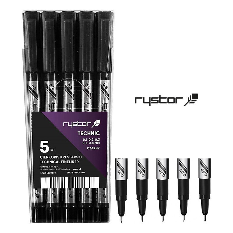 Cienkopisy kreślarskie Rystor Technic 0.1-0.8mm czarne (5)