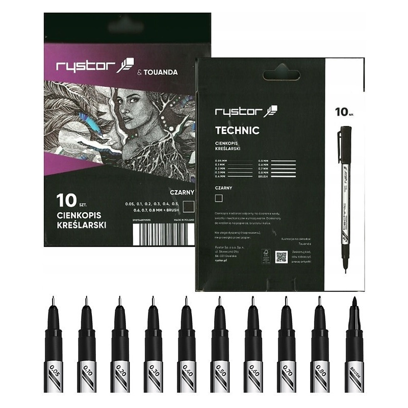 Cienkopisy kreślarskie Rystor Technic (9 + brush) czarne (10)
