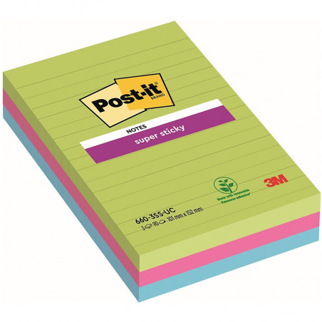 Karteczki Post-it Super Sticky 102x152mm (660-3SS-UC) w linie 3 kolory