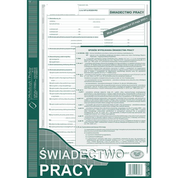 ŚWIADECTWO PRACY A4 (O+1K)