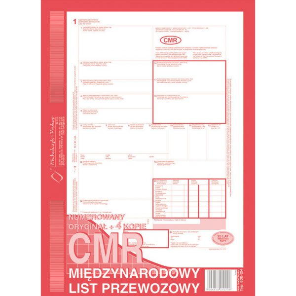 CMR MIĘDZYNARODOWY LIST PRZEWOZOWY A4 (O+4K) NUMEROWANY