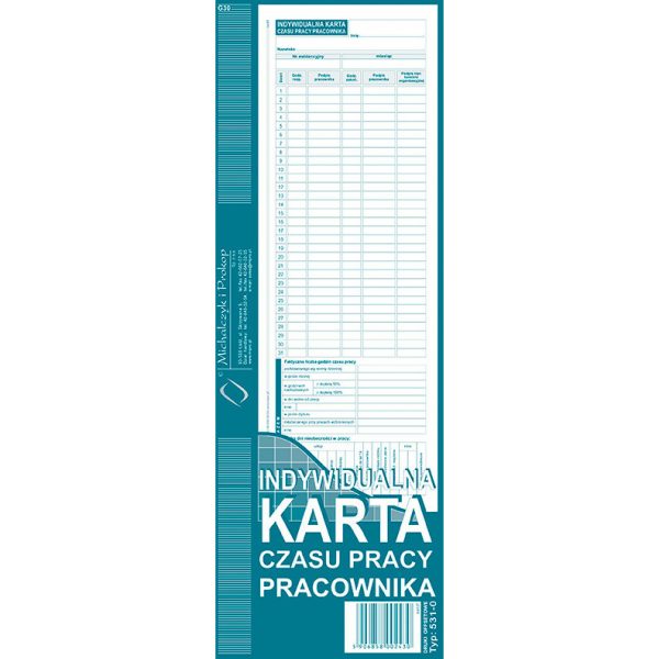 INDYWIDUALNA KARTA CZASU PRACY PRACOWNIKA 1/2 A4 (OFFSET)